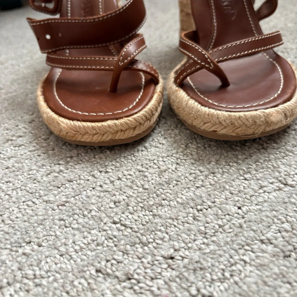 Marion Parke Brown Leather Espadrille Wedge Sandals Toe Loop Made in Italy 36